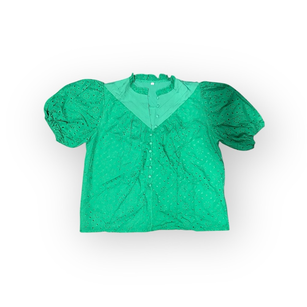 Light in the Box Green cotton blouse with puffed sleeves and button-up front